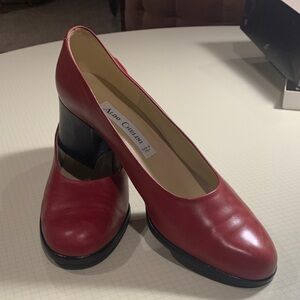 Red Leather Mid Block Heel Pumps